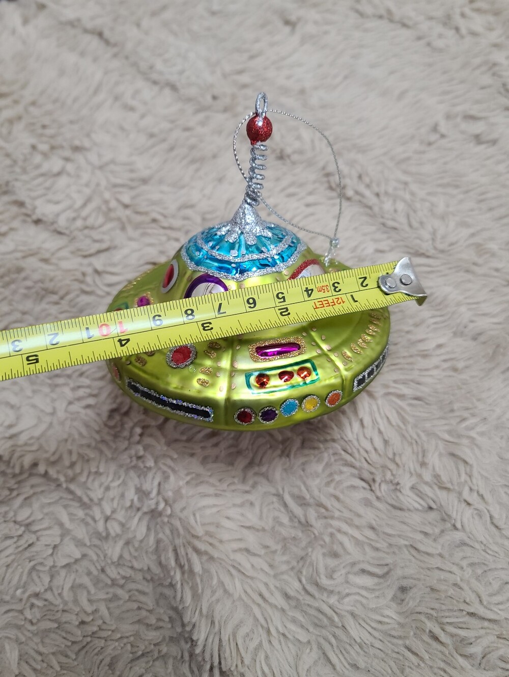 Green UFO Glass Ornament with Multicolor Gem Accents, Alien Flying Spaceship - Picture 5 of 6